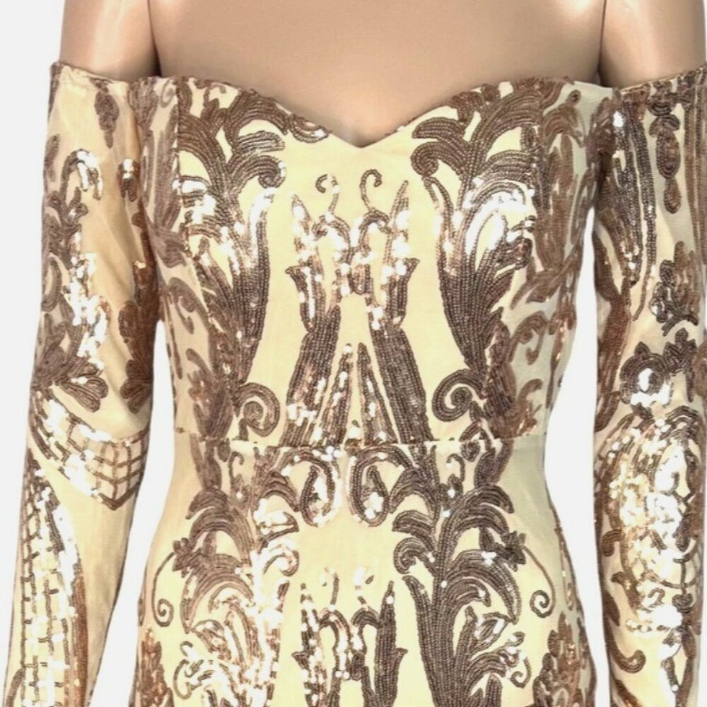 Miss Ord Gold Sequin Formal Gown Off-Shoulder Long Sleeves & Train Bodycon Small - Picture 3 of 9